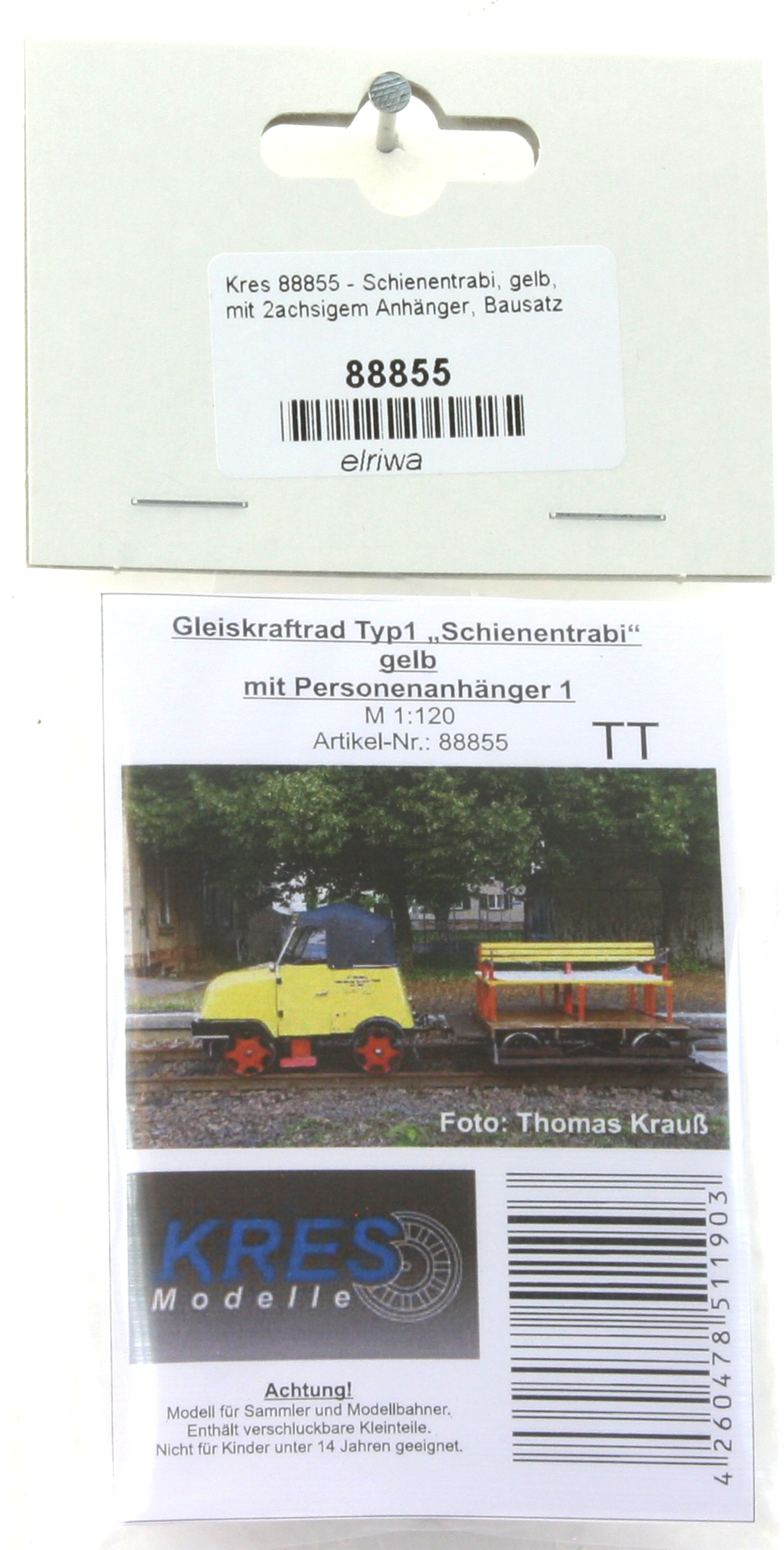 Kres 88855 - Schienentrabi, gelb, mit 2achsigem Anhänger, Bausatz