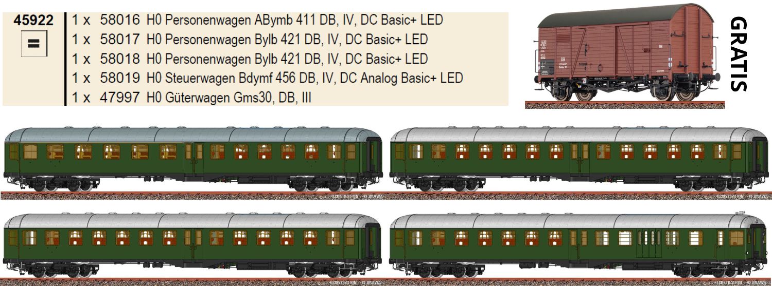Brawa 45922 - Sparset 'Mitteleinstiegswagen', DB, Ep.IV, DC, LED, inkl. Güterwagen Gms30 gratis