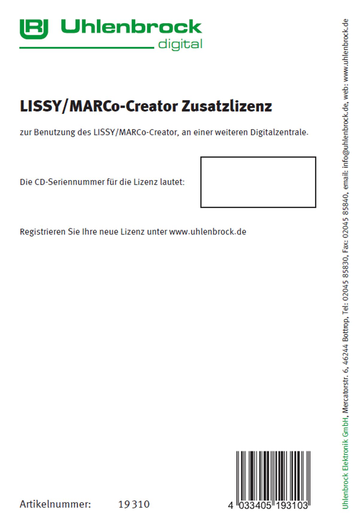 Uhlenbrock 19310 - LISSY/MARCo-Creator Zusatzlizenz