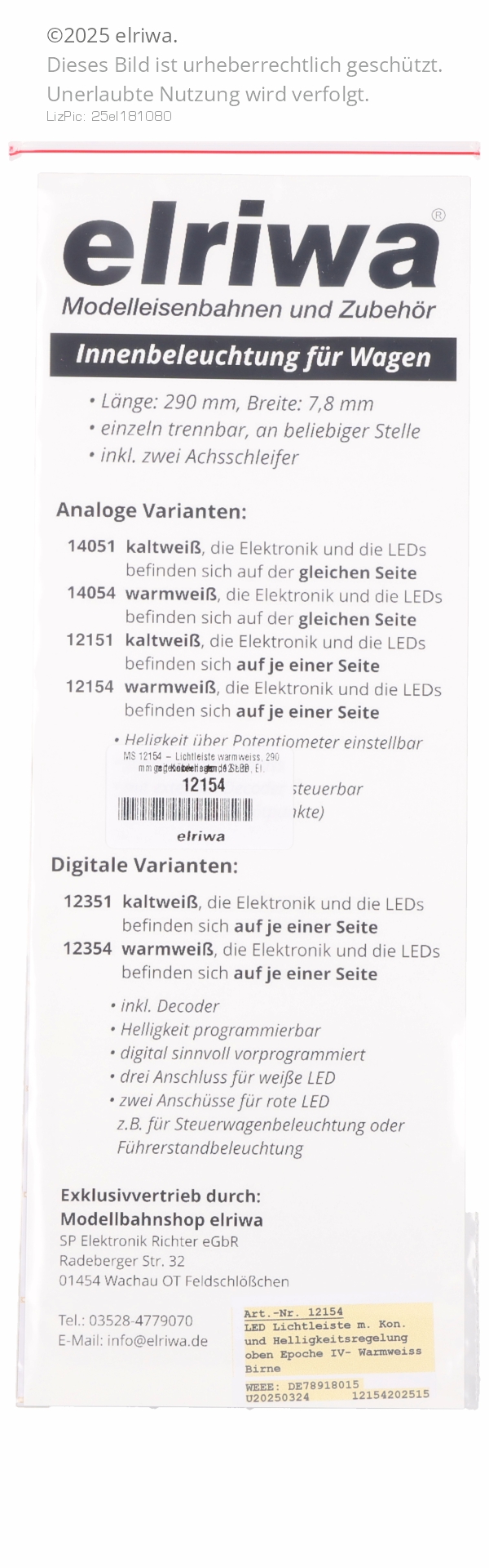 MS 12154 - Lichtleiste warmweiss, 290 mm mit Kondensator, 12 LED, El. gegenüberliegende Seite