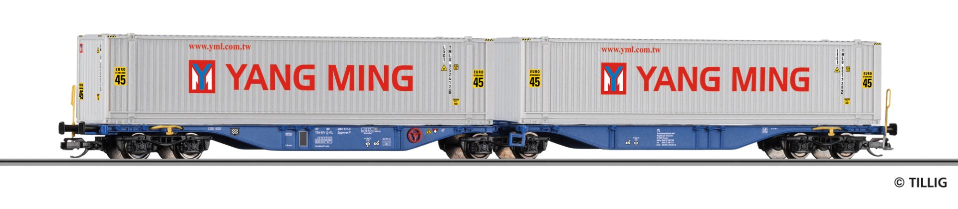 Tillig 18075 - Containertragwagen Sggmrss mit zwei 45‘ Containern YANG MING, ITL, Ep.VI