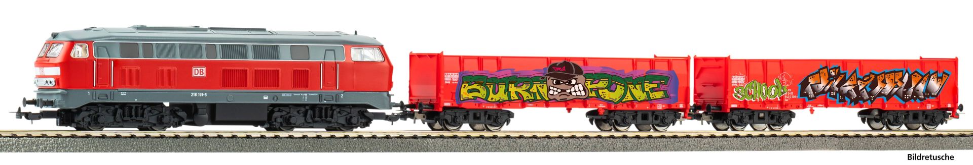 Piko 57032 - Analoges Startset mit BR 218 und zwei Güterwagen, DBAG, Ep.V, A-Gleis mit Bettung