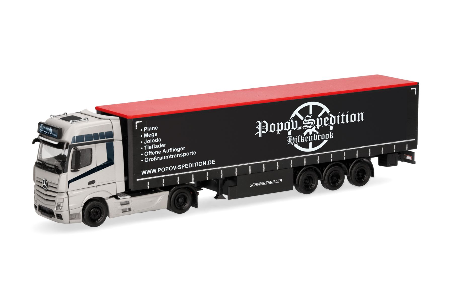 Herpa 318891 - Mercedes-Benz Actros L Gigaspace Gardinenplanen-Sattelzug "Popov Spedition"