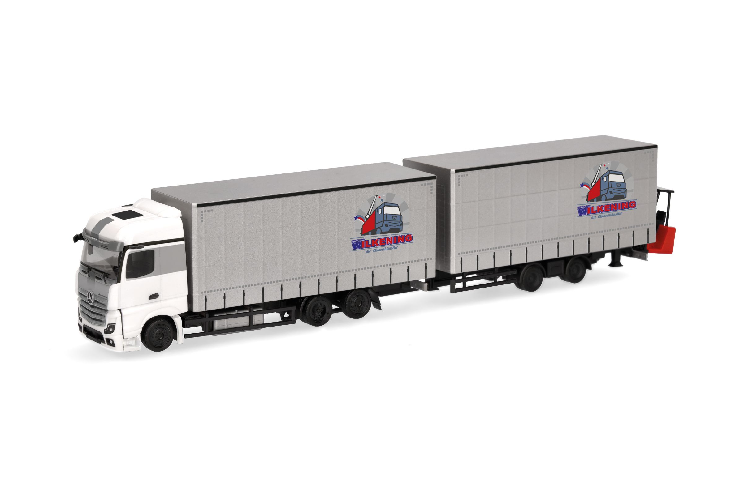 Herpa 319683 - Mercedes-Benz Actros Jumbogardinenplanentandem-Hängerzug mit Stapler "Wilkening" Herpa 319683 - Mercedes-Benz Actros Jumbogardinenplanentandem-Hängerzug mit Stapler "Wilkening"