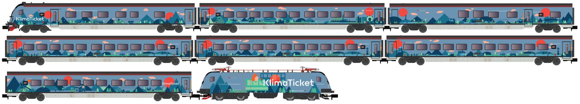 Hobbytrain H25226-S - 8er Set Personenzug mit Rh 1116 'Railjet-Klimaticket', ÖBB, Ep.VI, DC-Sound
