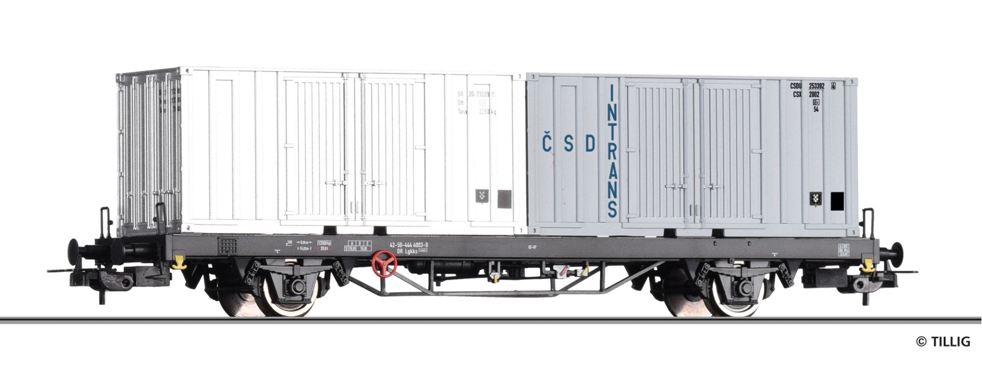 Tillig 77073 - Containertragwagen Lgkks 4444 mit zwei 20‘ Containern, DR, Ep.IV