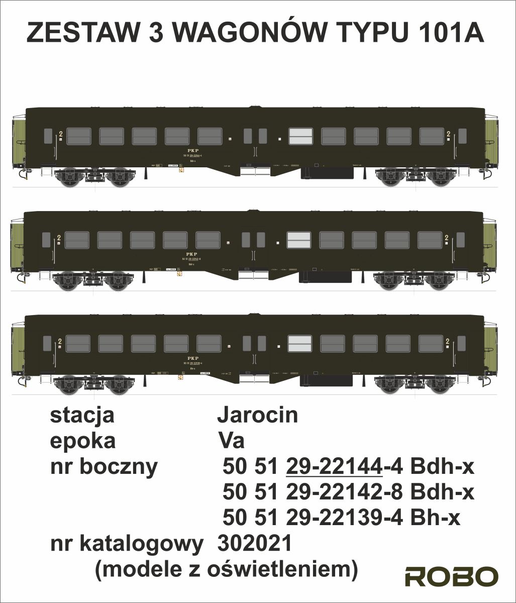 Robo 302021 - 3er Set Personenwagen 101A 'Ryflak', 2. Klasse, Jarocin, PKP, Ep.V, mit Innenbeleuchtung