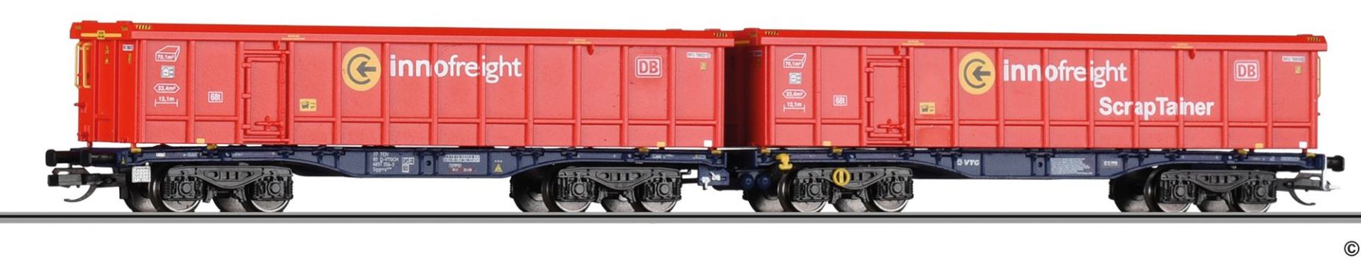 Tillig 15081 - Doppeltragwagon InnoWaggon 2x40' mit 4 ScrapTainer, VTG, Ep.VI