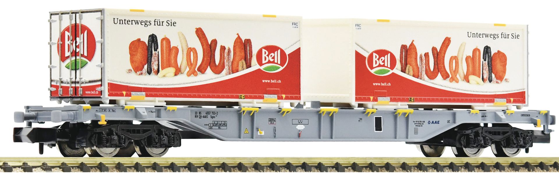 Fleischmann 865243 - Containertragwagen Sgns, AAE, Ep.VI 'Bell'