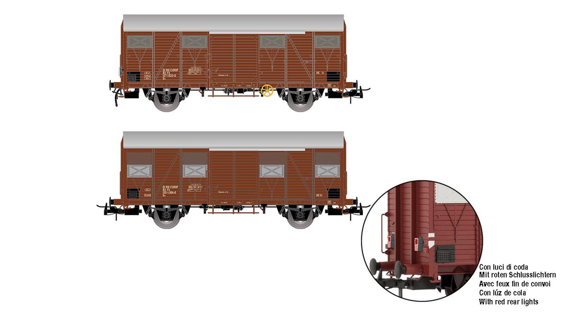 Rivarossi HR6645 - 2er Set gedeckte Güterwagen Gs, mit rotem Schlusslicht, FS, Ep.IV