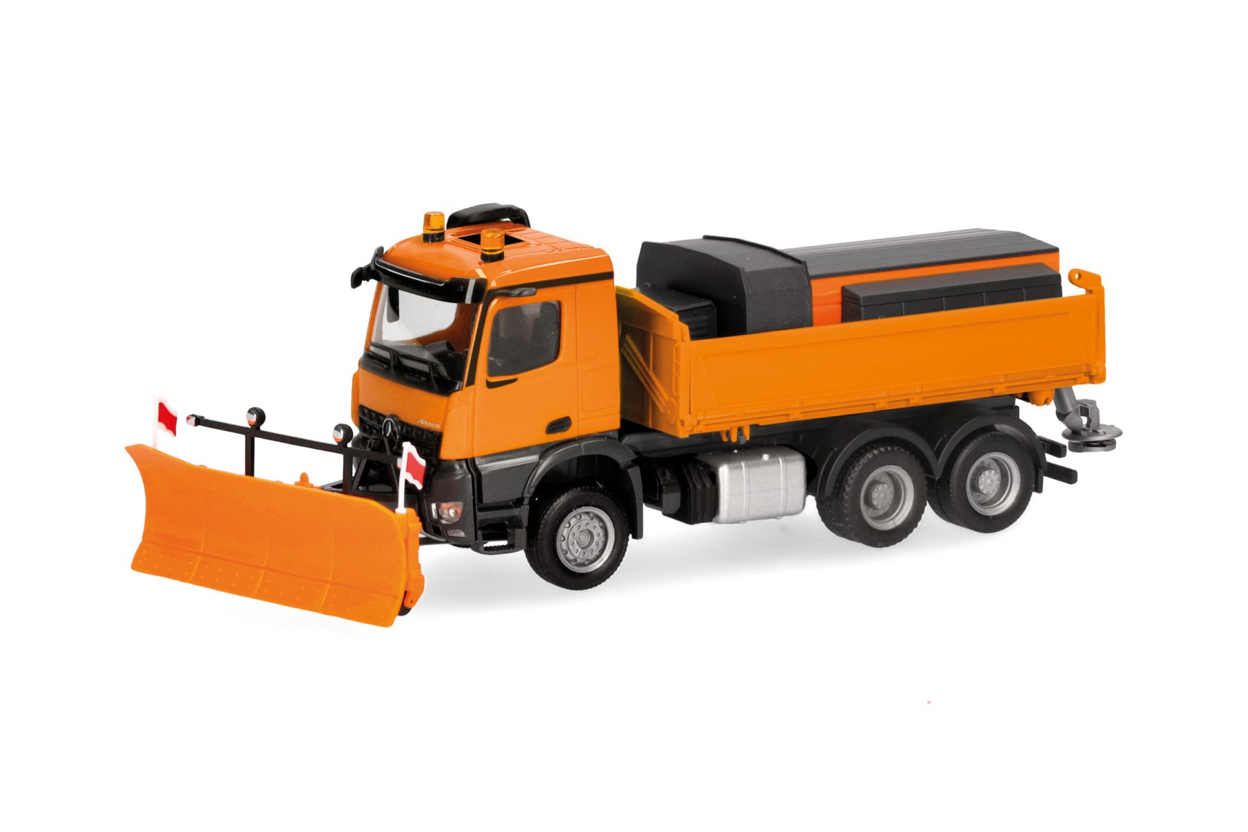 Herpa 320061 - MB Arocs 18 M Dreiseitenkipper-LKW 3achs mit Streuaufbau und Schneepflug, kommunalorange Herpa 320061 - MB Arocs 18 M Dreiseitenkipper-LKW 3achs mit Streuaufbau und Schneepflug, kommunalorange