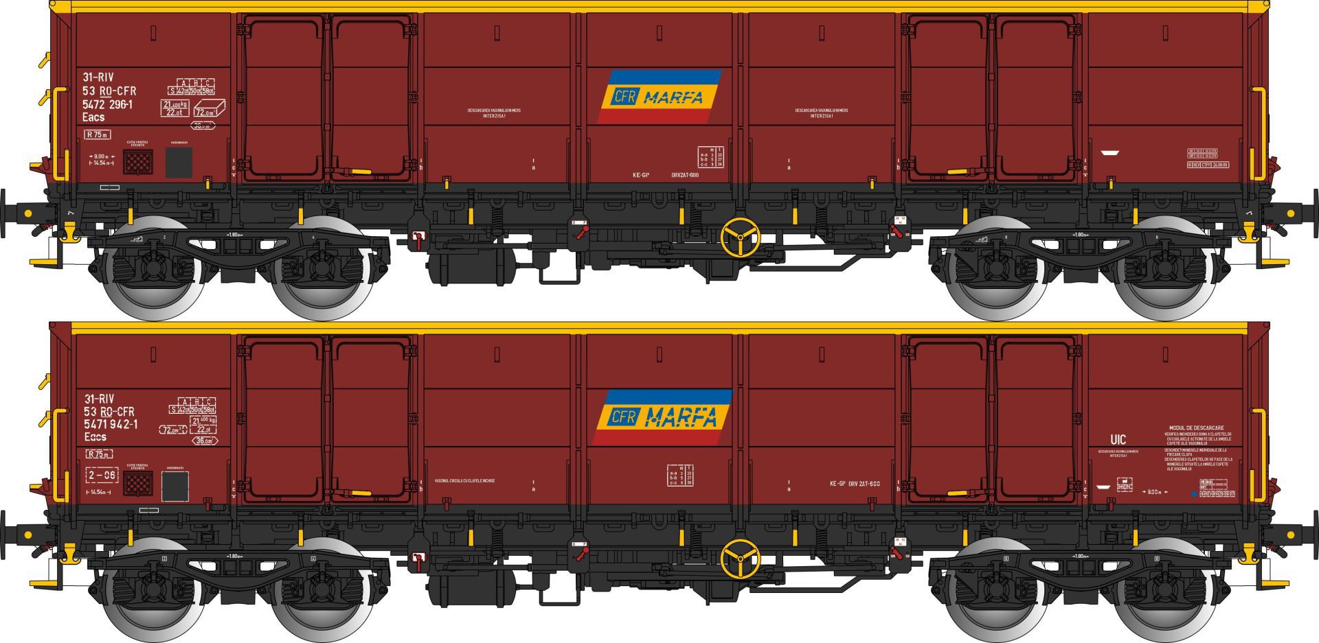 Albert Modell 500016 - 2er Set offene Güterwagen Eacs, RO-CFR, Ep.VI