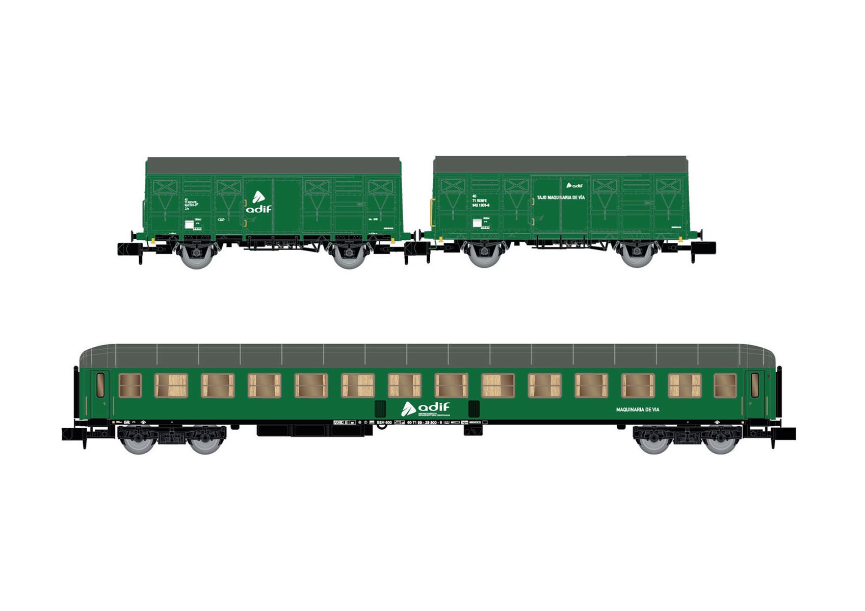 Arnold HN6576 - 3er Set gedeckte Güterwagen und Personenwagen SSV-500, ADIF, Ep.VI