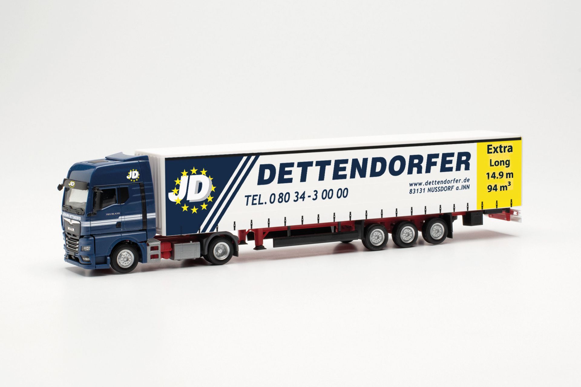 Herpa 315920 - MAN TGX GX Gardinenplanen-Sattelzug 15m 'Dettendorfer'