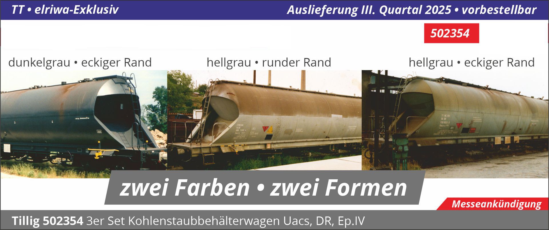 Tillig 502354 - 3er Set Kohlenstaubbehälterwagen Uacs, DR, Ep.IV Tillig 502354 - 3er Set Kohlenstaubbehälterwagen Uacs, DR, Ep.IV