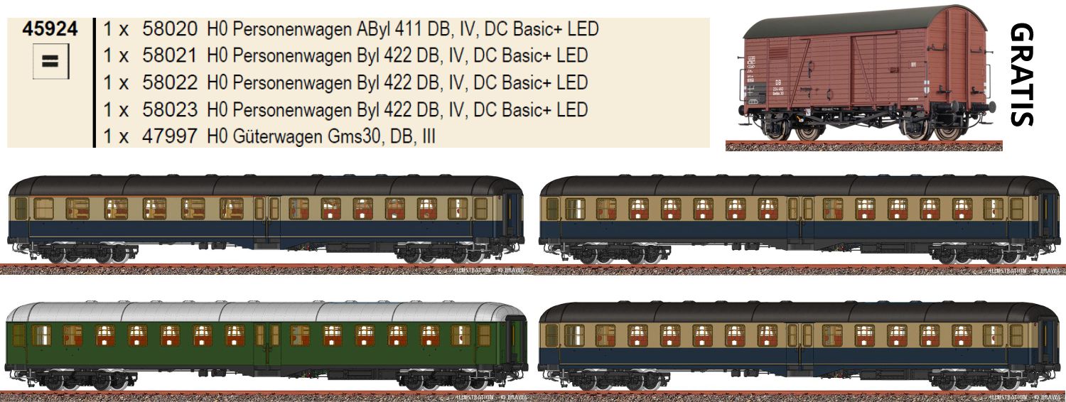 Brawa 45924 - Sparset 'Mitteleinstiegswagen', DB, Ep.IV, DC, LED, inkl. Güterwagen Gms30 gratis