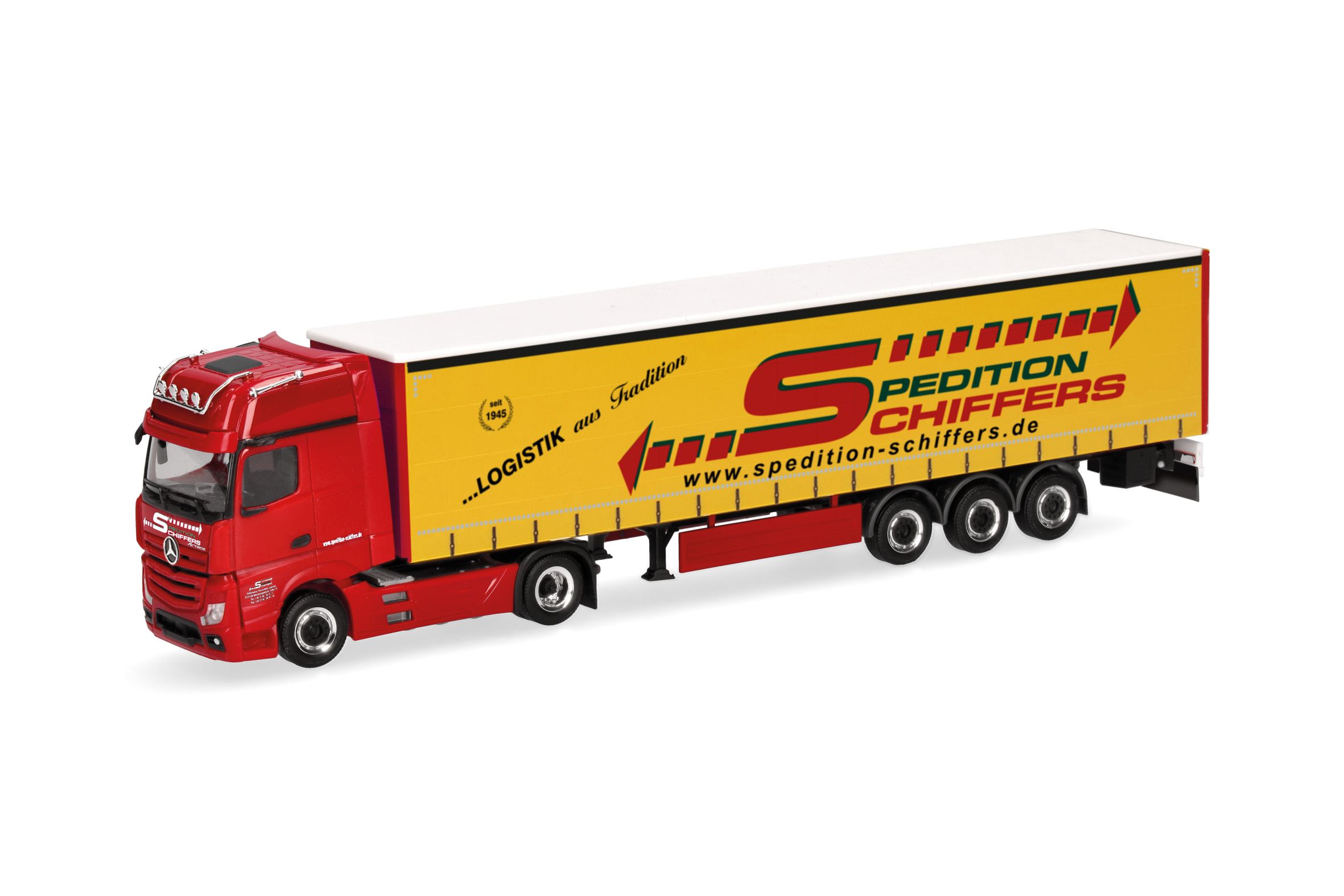 Herpa 319218 - Mercedes-Benz Actros Gigaspace Gardinenplanen-Sattelzug "Spedition Schiffers"