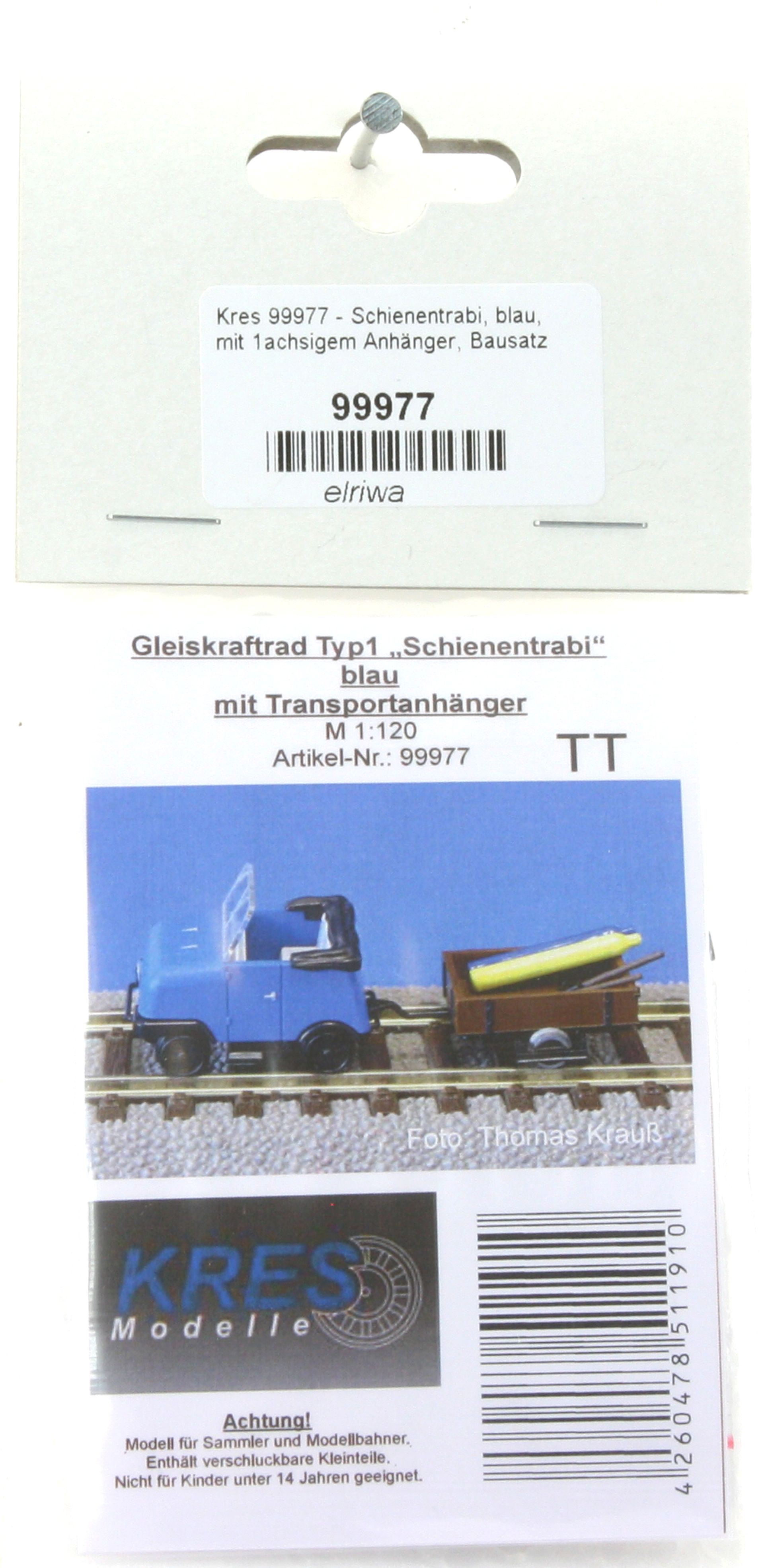 Kres 99977 - Schienentrabi, blau, mit 1achsigem Anhänger, Bausatz