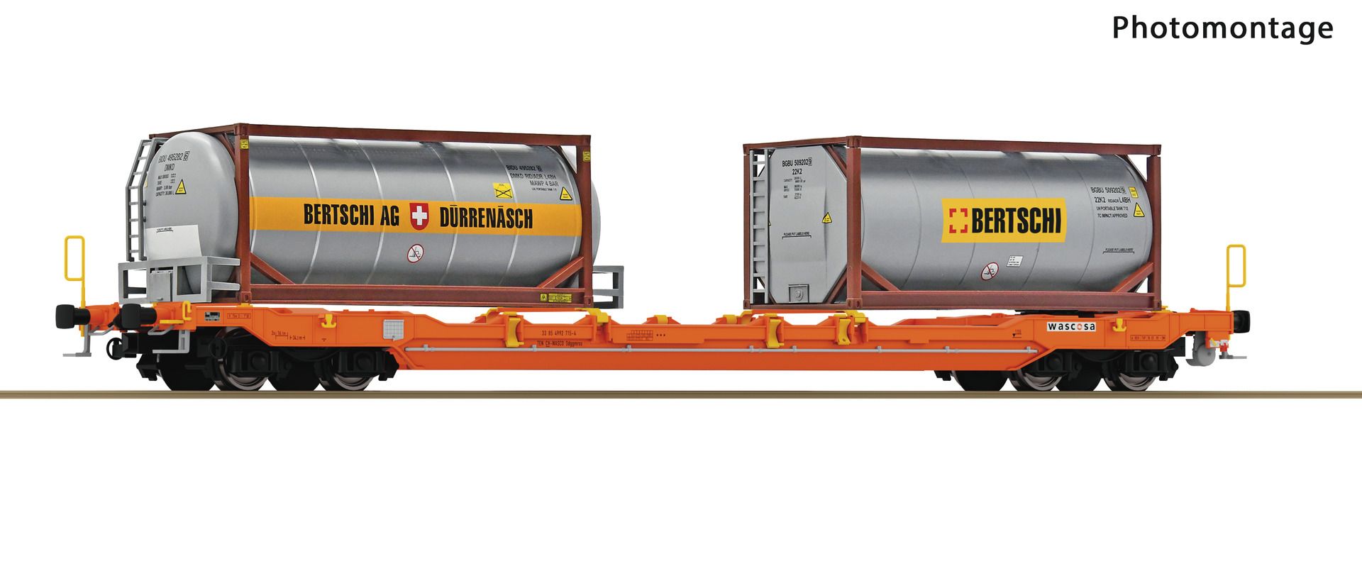 Roco 6600067 - Taschenwagen T5 mit 'Tankcontainern 'Bertschi', Wascosa, Ep.VI