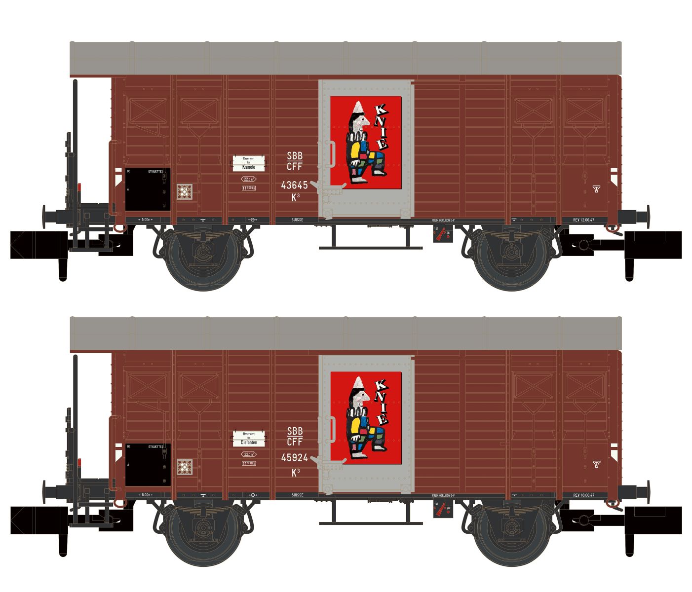 Hobbytrain H24257 - 2er Set gedeckte Güterwagen K3, SBB, Ep.III 'Zirkus Knie'