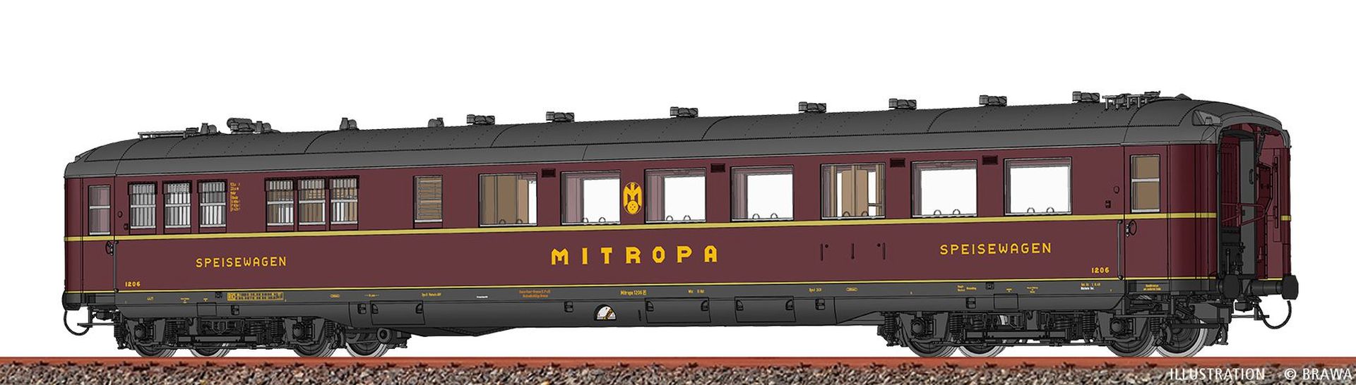 Brawa 51038 - Speisewagen Hnbr, DRG, Ep.II 'MITROPA', mit Beleuchtung, AC Brawa 51038 - Speisewagen Hnbr, DRG, Ep.II 'MITROPA', mit Beleuchtung, AC