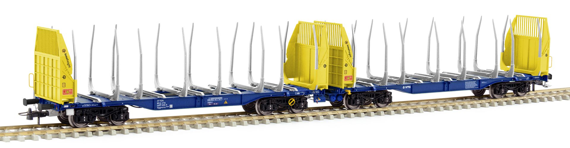 Sudexpress T657033 - Holztransportwagen Sggmrrs 90 'GigaWood', VTG, Ep.VI, blau-gelb, 033-9