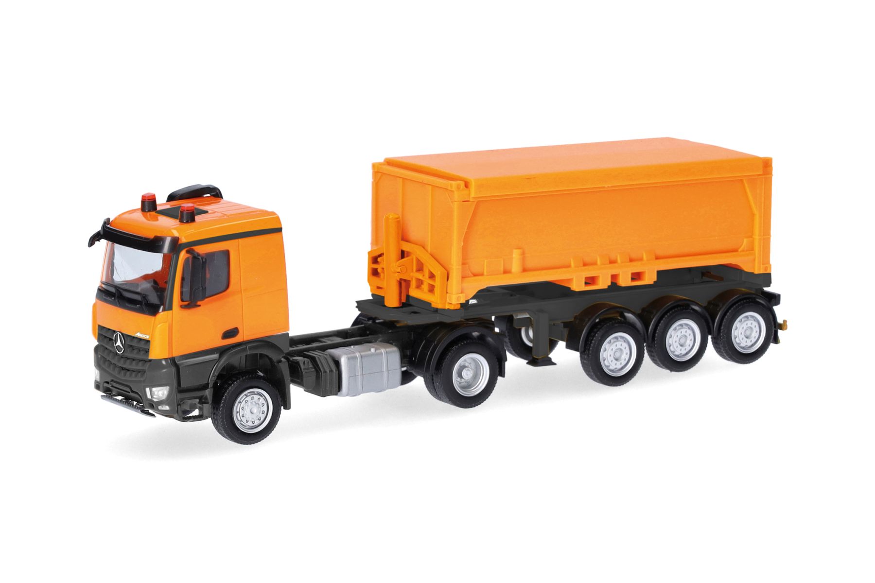 Herpa 318549 - MB Arocs Classicspace Abraumcontainer-Sattelzug, kommunalorange/anthrazit