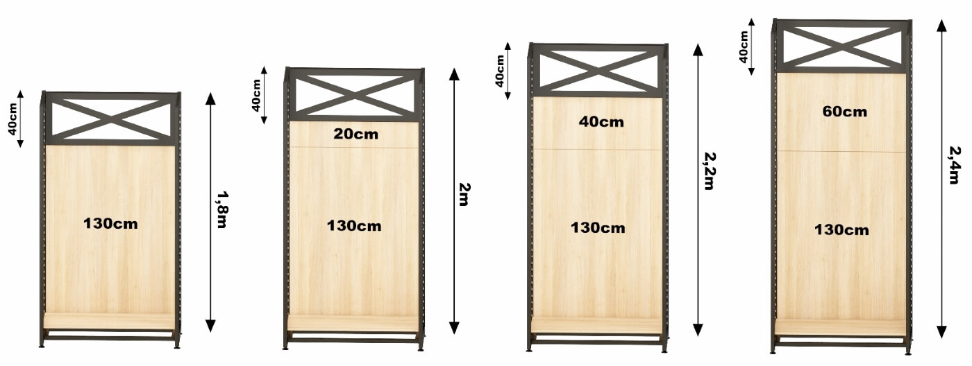 Ladenbau Regalsystem X: Holzrückwand-Sets im Vergleich bei verschiedenen Höhen des Regals