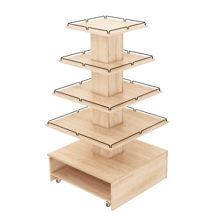 Pyramidentisch rollbar,  Verkaufspyramide für Warenpräsentation Holz Schnitt