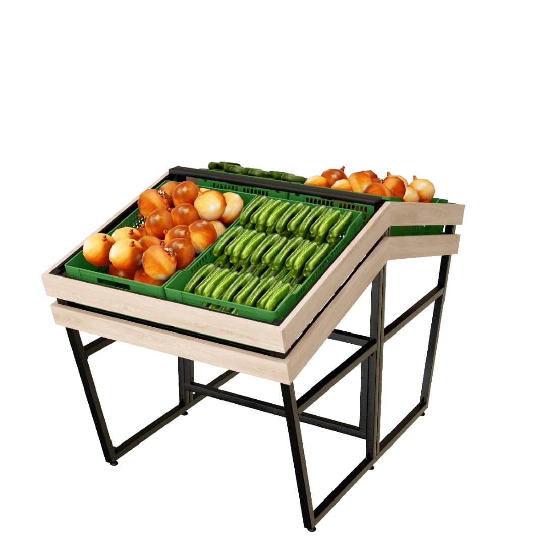 Warenpräsentation. Gemüseregal X-Cameleon MiniTwo. Eine Doppelsektion mit 4 Kisten befüllt