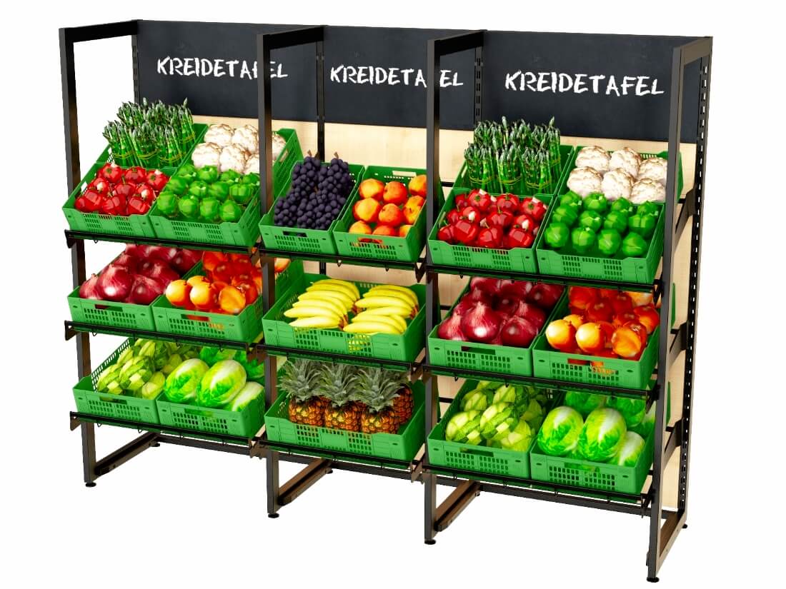 Obst und Gemüseregale mit Holzrückwand -2m 3 Ablageebenen befüllt