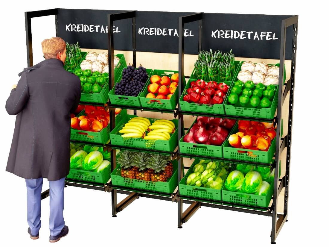 Obst und Gemüseregale mit Holzrückwand -2m 3 Ablageebenen befüllt max