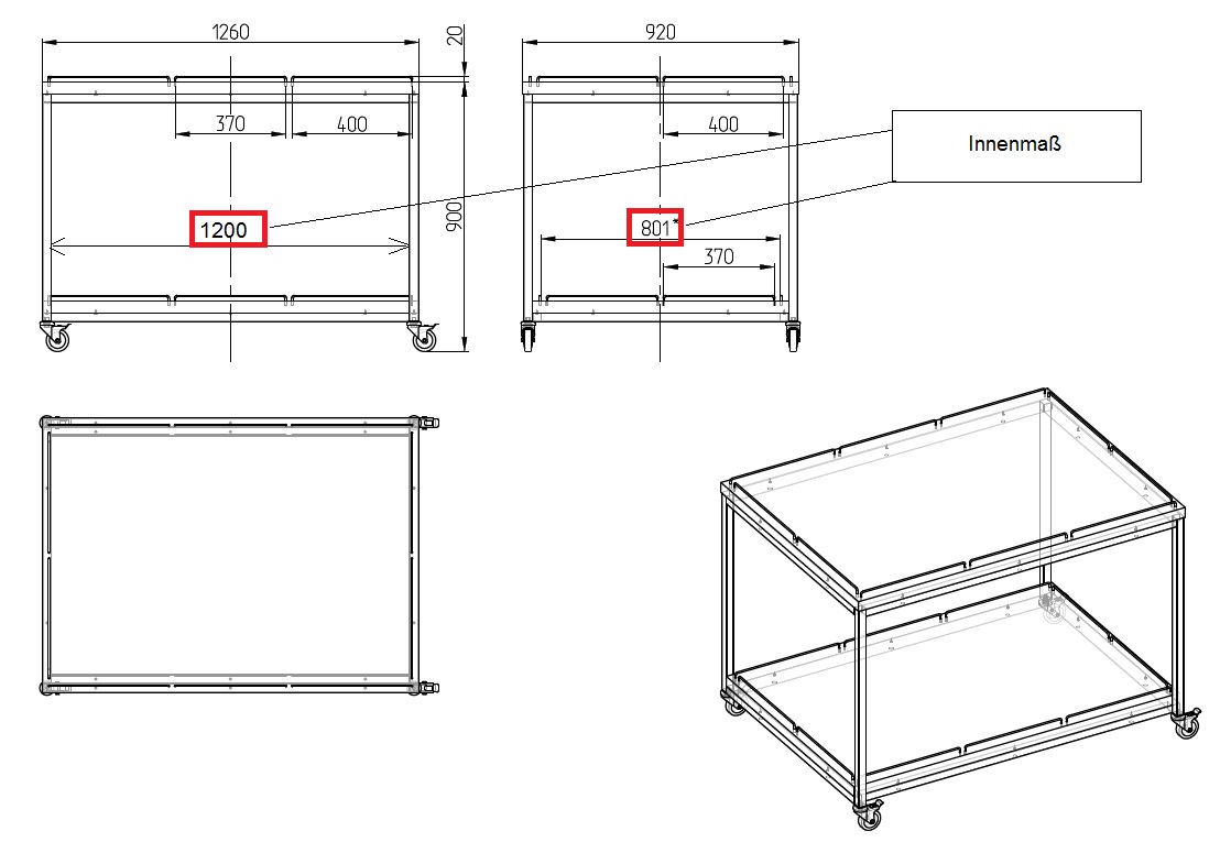 Präsentationstisch für Kistenware, Schwehrlasttisch rollbar. Zeichnung