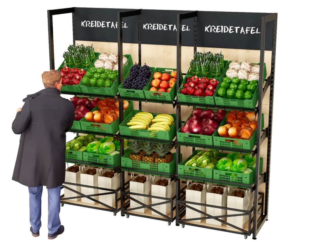 Obst und Gemüseregale mit Holzrückwand und Wagen -H2,4m 3 Ablageebene befüllt max