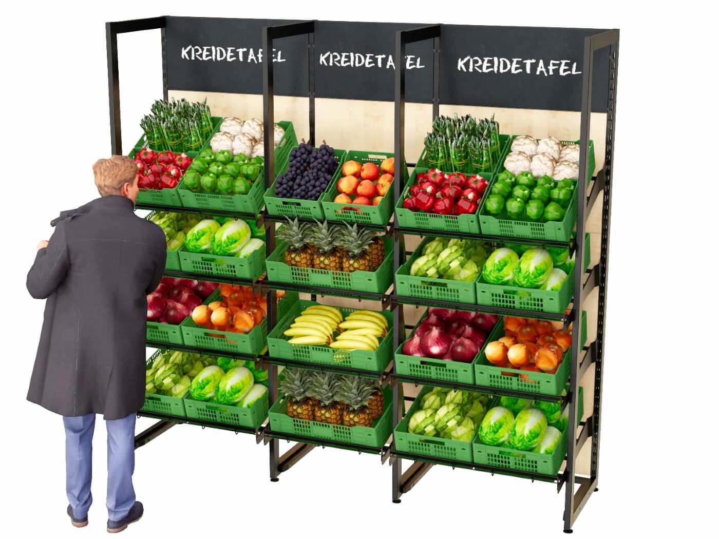Obst und Gemüseregale mit Holzrückwand -2,4m 4 Ablageebenen befüllt max