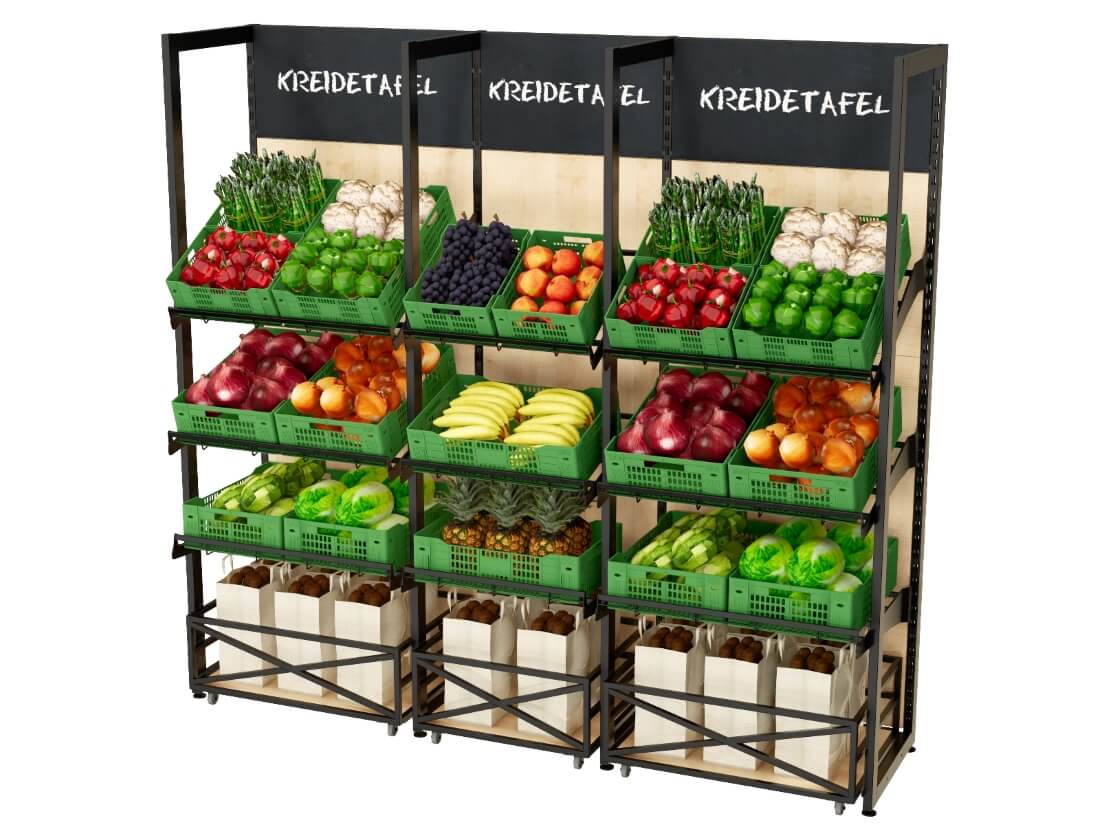 Obst und Gemüseregale mit Holzrückwand und Wagen -H2,4m 3 Ablageebene befüllt
