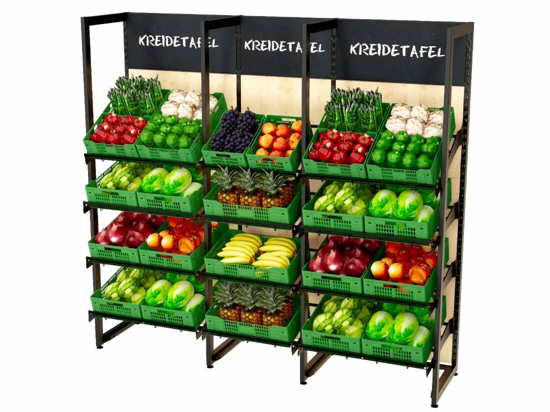 Obst und Gemüseregale mit Holzrückwand -2,4m 4 Ablageebenen befüllt