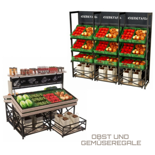 Ladenbau, Ladeneinrichtungen, Geschäftseinrichtungen mit Obst und Gemüseregalen