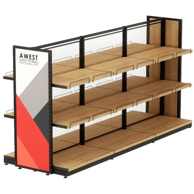 Mittelraumgondel XSTK-MR mit Streckmetall-Rückwand, Holzfachböden, Stirnrahmen mit Werbeplakat austauschbar