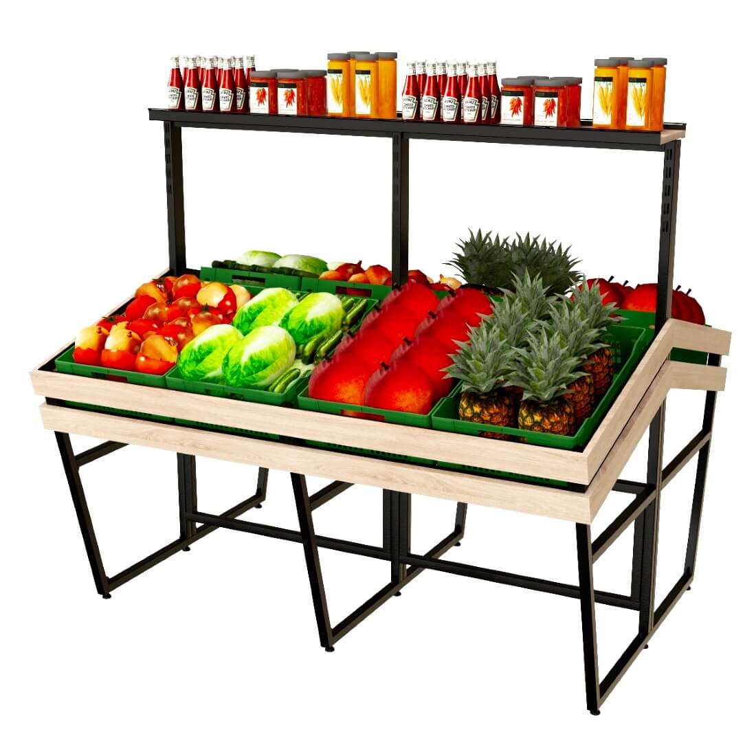 Gemüseregale mit Holzablage und Kisten maxi two 2 Sektionen befüllt
