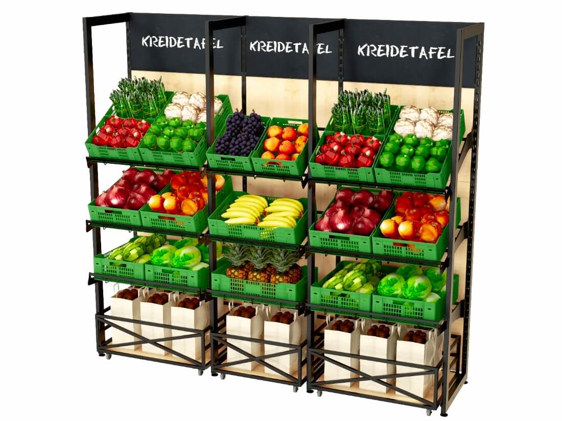 Obst und Gemüseregale mit Holzrückwand und Wagen -H2,4m 3 Ablageebene und Rollwagen