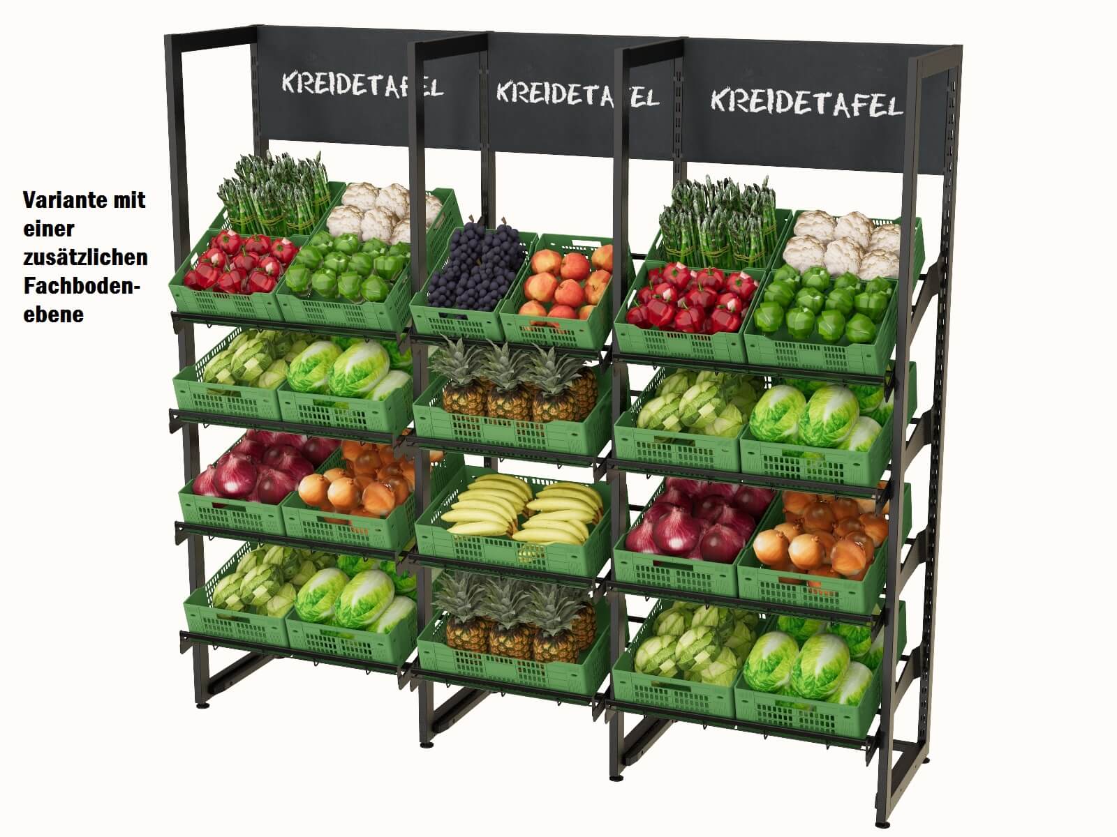 Obst und Gemüseregal Wand GR-H240 mit zusätzlicher Fachbodenebene befüllt
