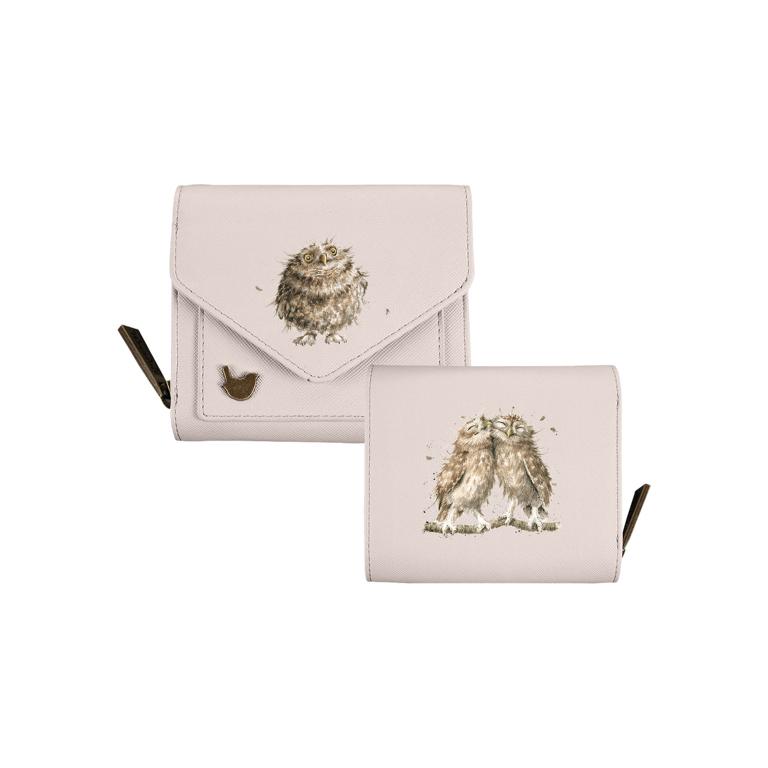 Wrendale Geldbörse klein, mit Druckknopf und Reißverschluss, Motiv Eulen, beige, 11x9x3cm