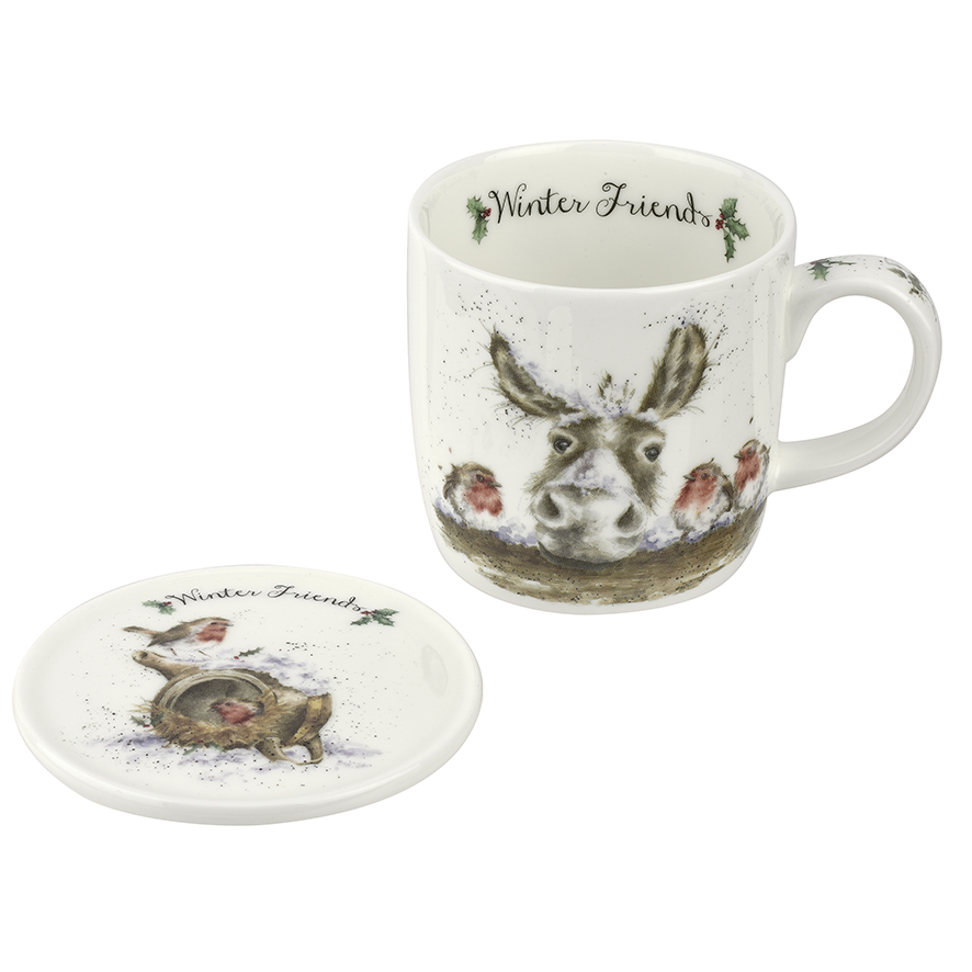 Wrendale Becher Weihnachten mit Untersetzer " Winter Friends " Motiv winterlicher Esel mit Vögel , in Geschenkverpackung , 18,5 x 9 x 11 cm, 0,30 L