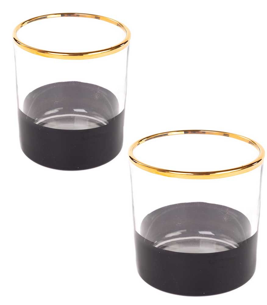 Teelichtglas Set, mit schwarzem Boden und goldenem Rand, 2er Set verschiedene Größen