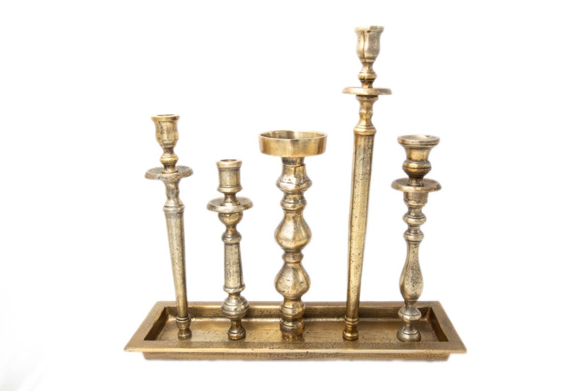 COLMORE Platte länglich mit 5 Kerzenhaltern für Stumpen-und Stabkerzen, Bronze/Goldoptik,45x13x43 cm
