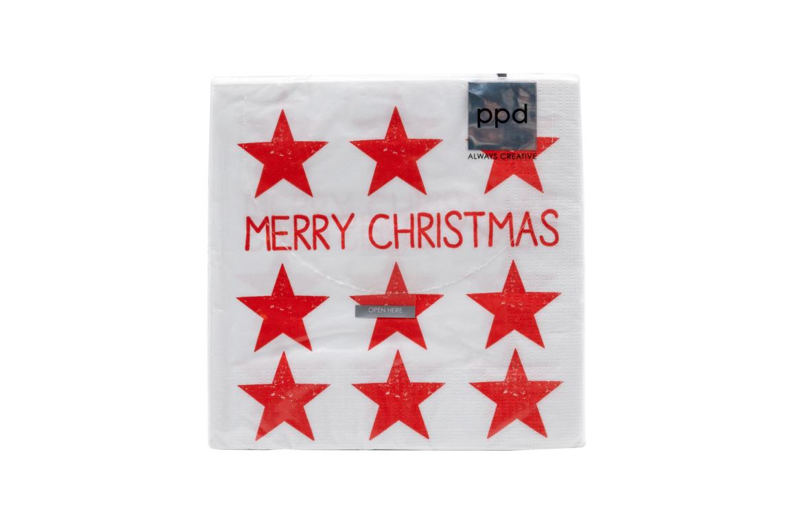 Servietten Merry Christmas Stars red, weiß mit 9 roten Sternen, 33 x 33 cm