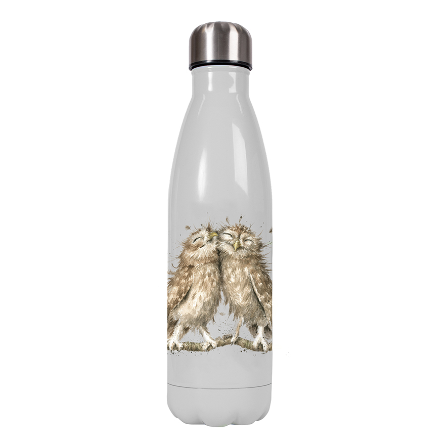 Wrendale Trinkflasche in Geschenkverpackung, Motiv Eule, Farbe Grau, 500 ml