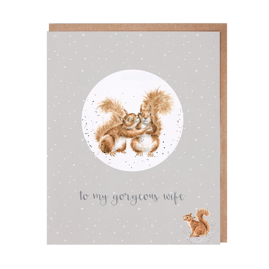 Wrendale Weihnachtskarte "to my gorgeous wife", mit Weihnachtsanhänger Motiv Eichhörnchen Paar