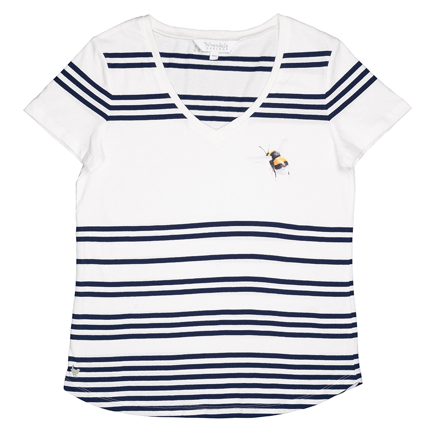 Wrendale T-Shirt, weiß mit Streifen in dunkelblau, Motiv Hummel, Small
